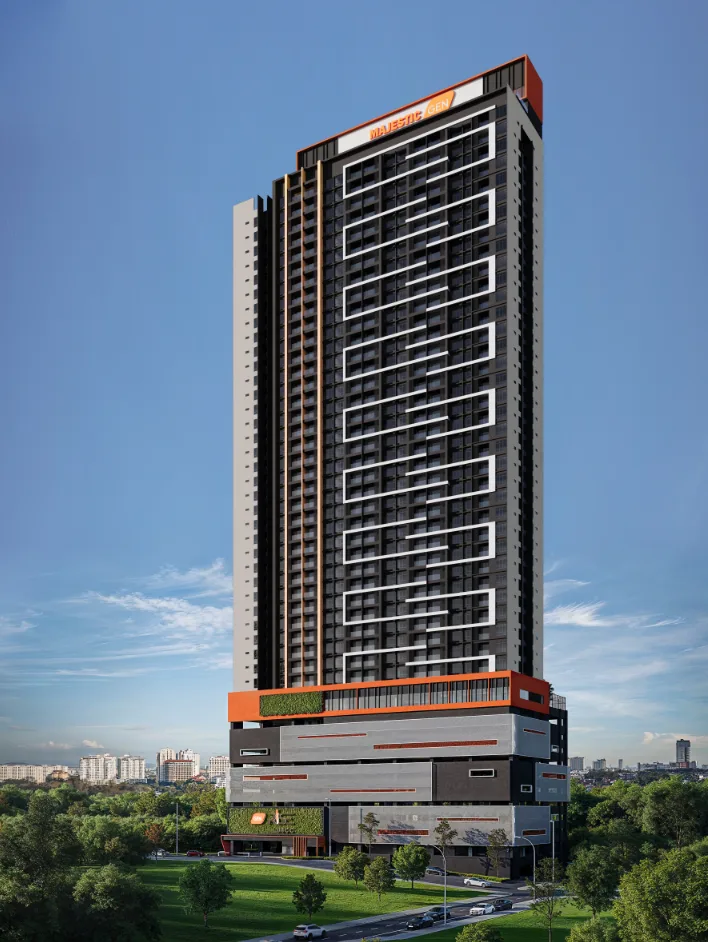 Gen Rise tower facade render, a high-rise with a distinctive ribbon window pattern in charcoal, white and Majestic Gen orange
